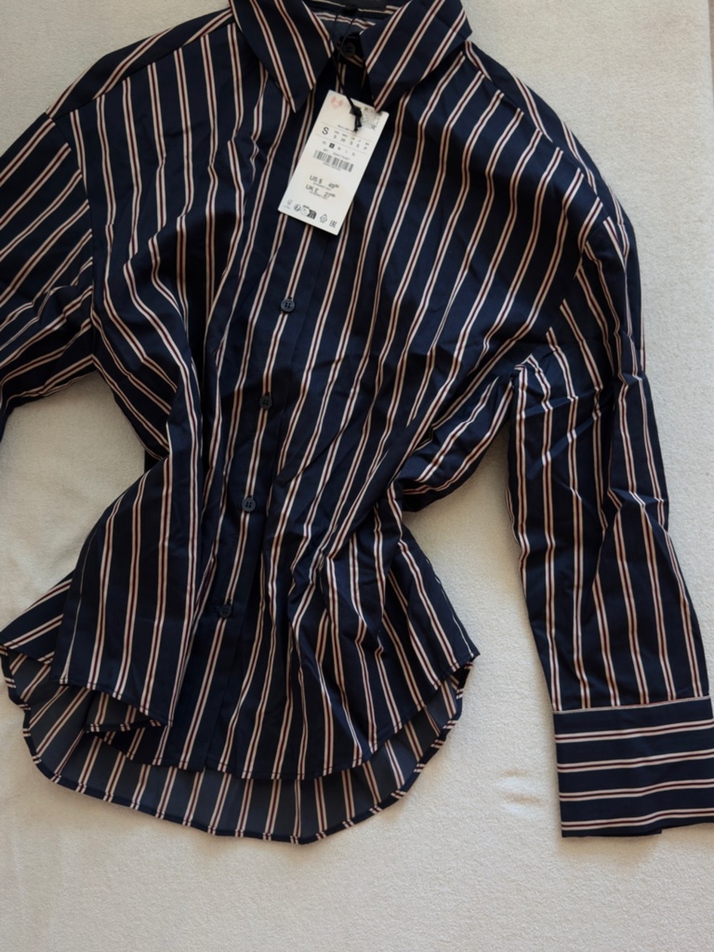 Zara Navy Shirt with Pink and White Stripes